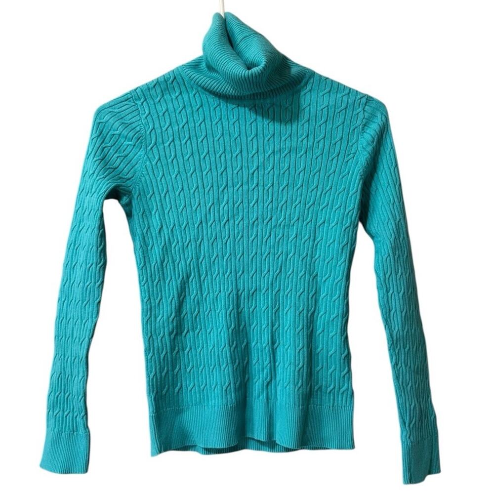 Talbots Women Size Petite‎ Cable Knit Turtle Neck Sweater Pima Cotton Green City